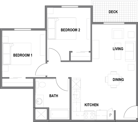Floor plan for 2 beds, 1 bath, 810 sqft